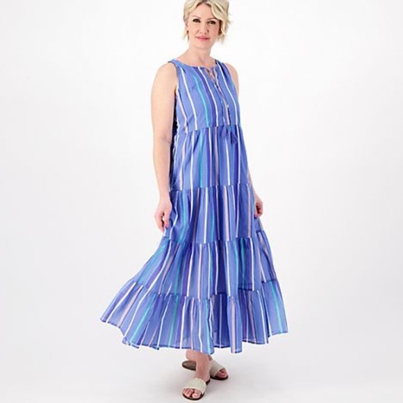 Destination 365 Blue Striped Tiered Maxi Dress Size Large Petite - Picture 1 of 11